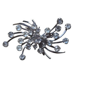 Vintage Women's Brooch Starburst Clear Rhinestone Silvertone Pin Sparkle Holiday